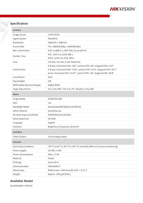 HIKVISION 2Mp Indoor Wired Color Camera Eco ,